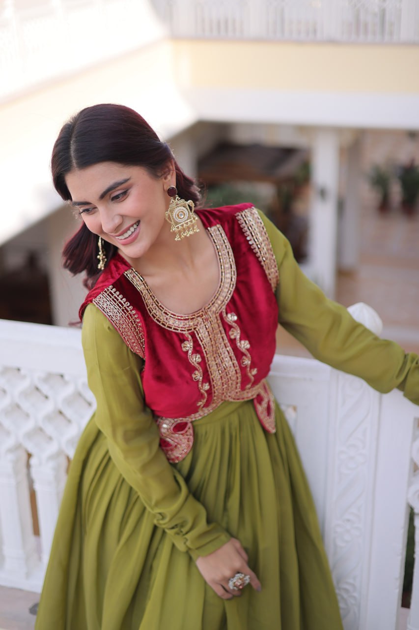 Premium Mal Chanderi Designer Gown with Embroidered Velvet Koti
