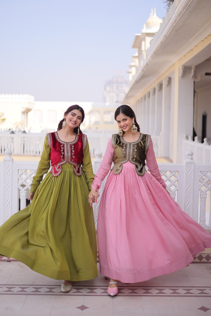 Premium Mal Chanderi Designer Gown with Embroidered Velvet Koti
