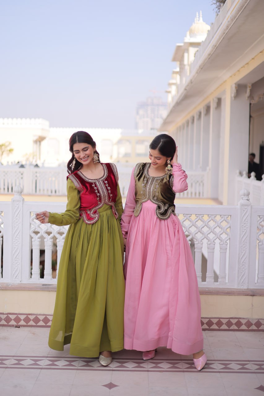 Premium Mal Chanderi Designer Gown with Embroidered Velvet Koti
