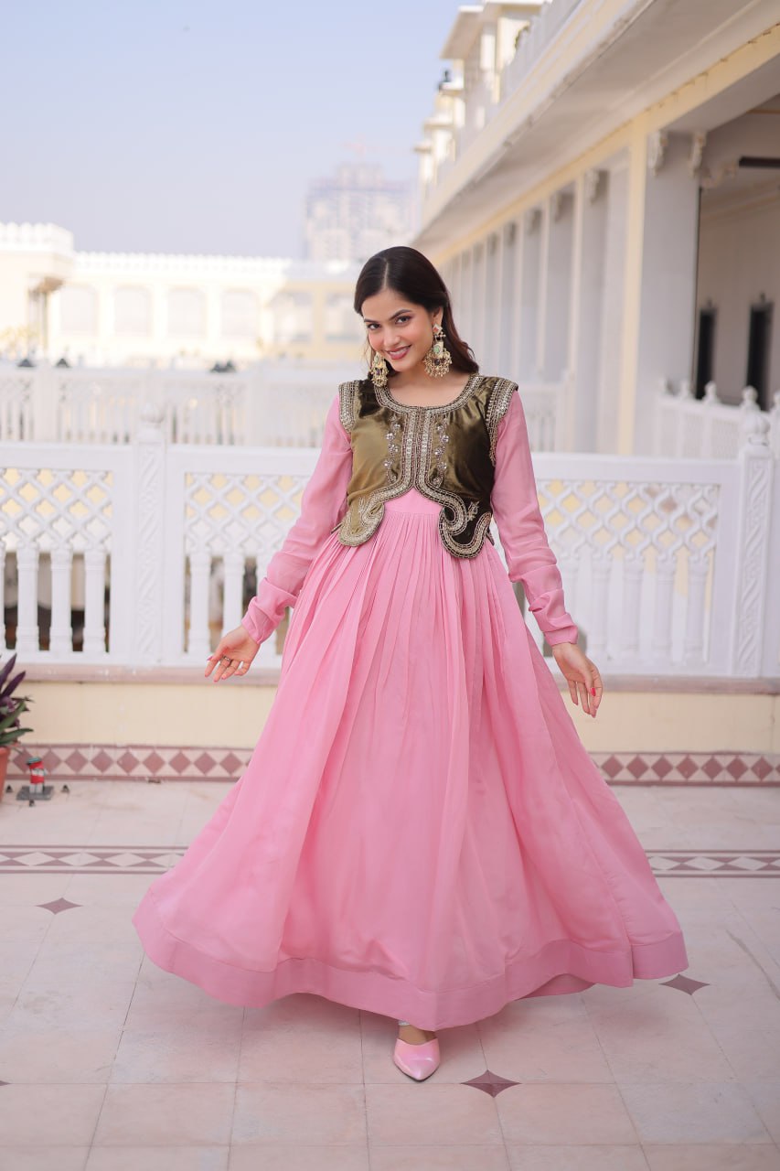 Premium Mal Chanderi Designer Gown with Embroidered Velvet Koti
