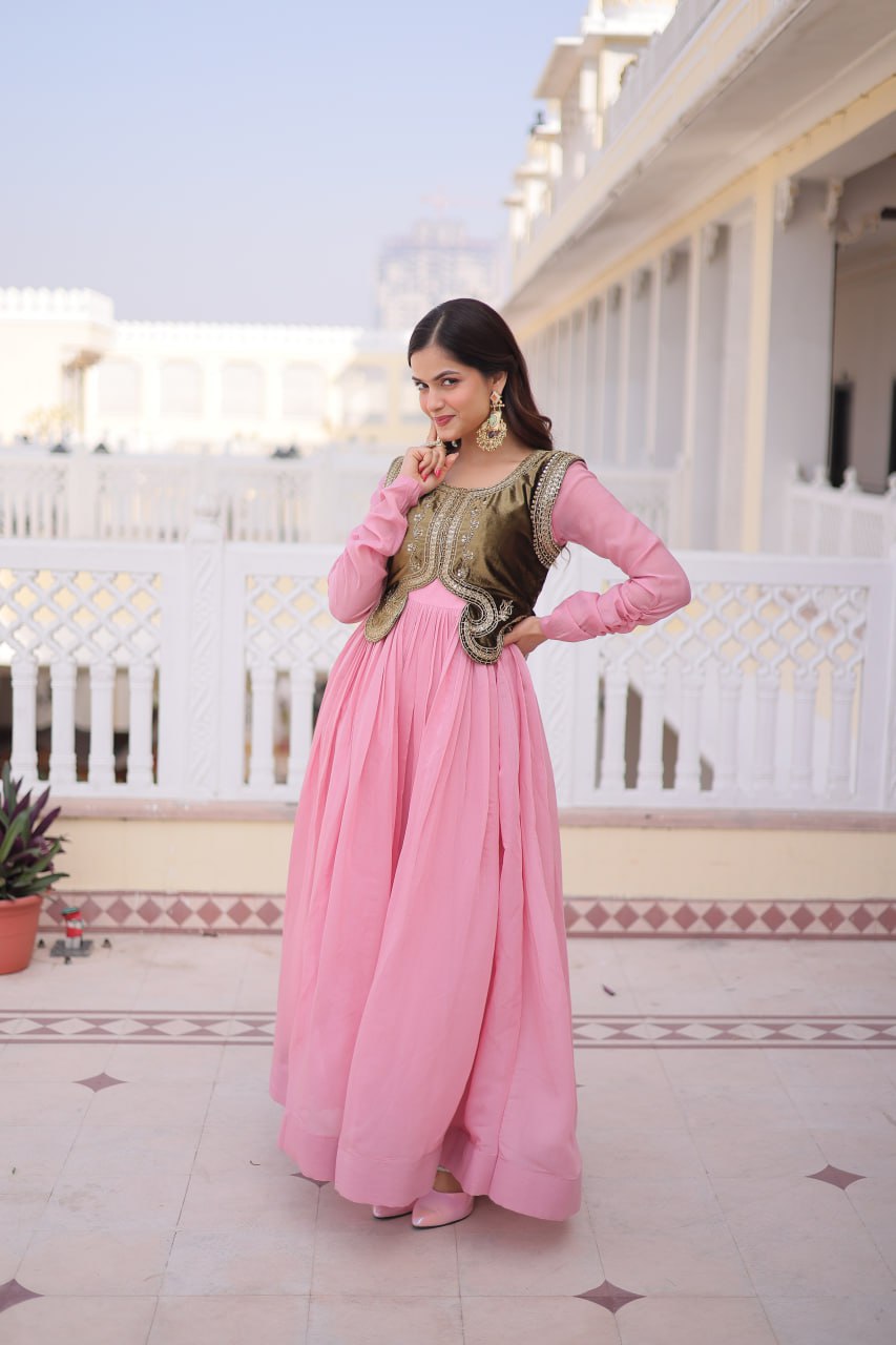 Premium Mal Chanderi Designer Gown with Embroidered Velvet Koti
