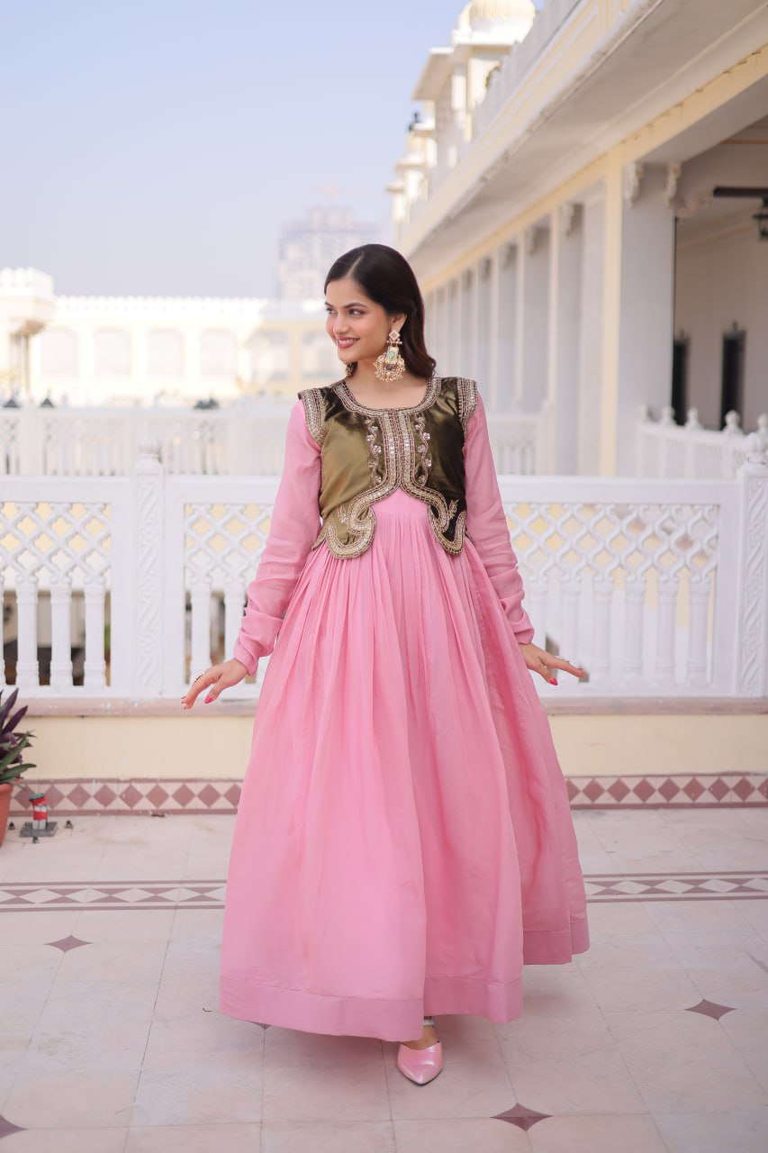 Premium Mal Chanderi Designer Gown with Embroidered Velvet Koti
