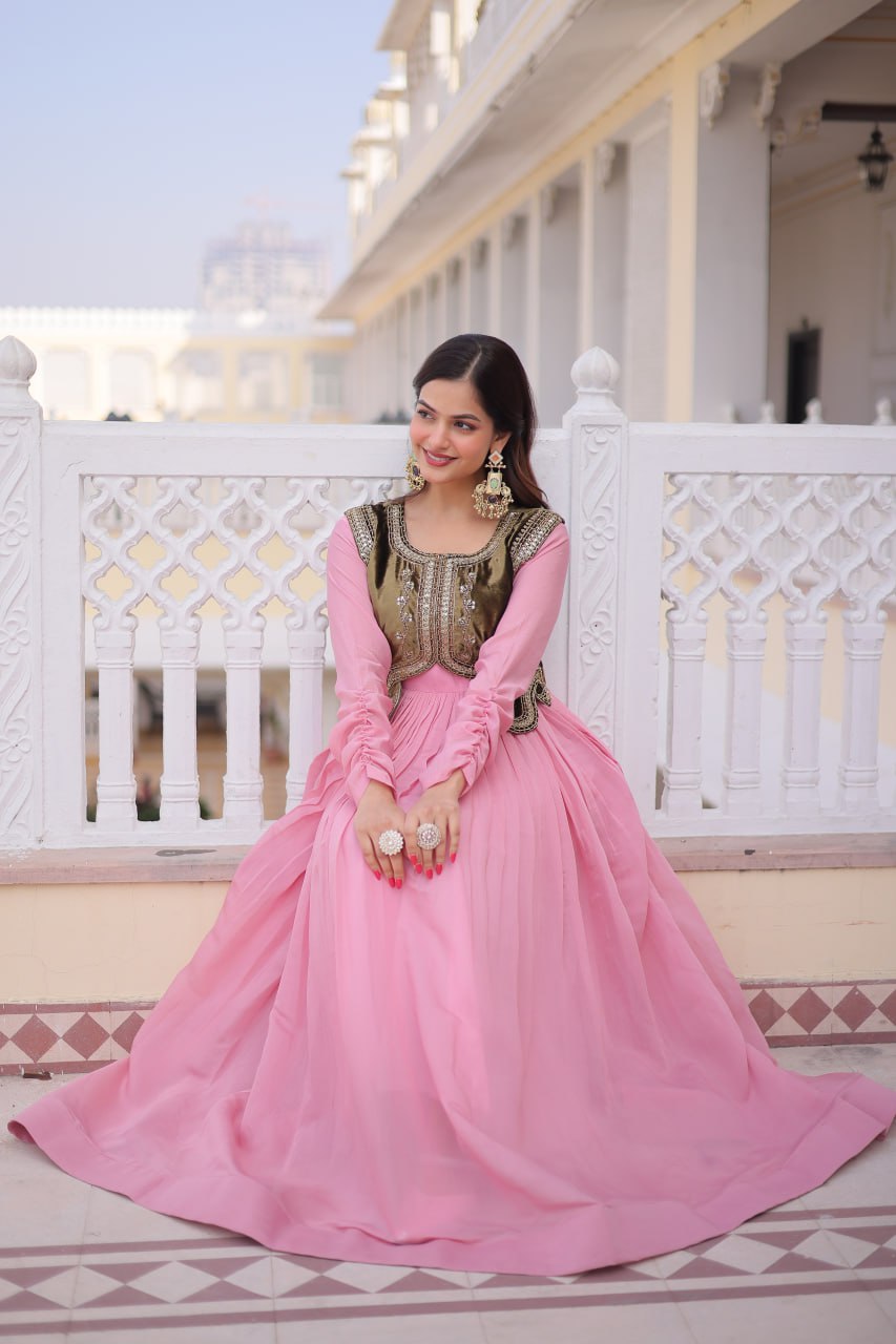 Premium Mal Chanderi Designer Gown with Embroidered Velvet Koti
