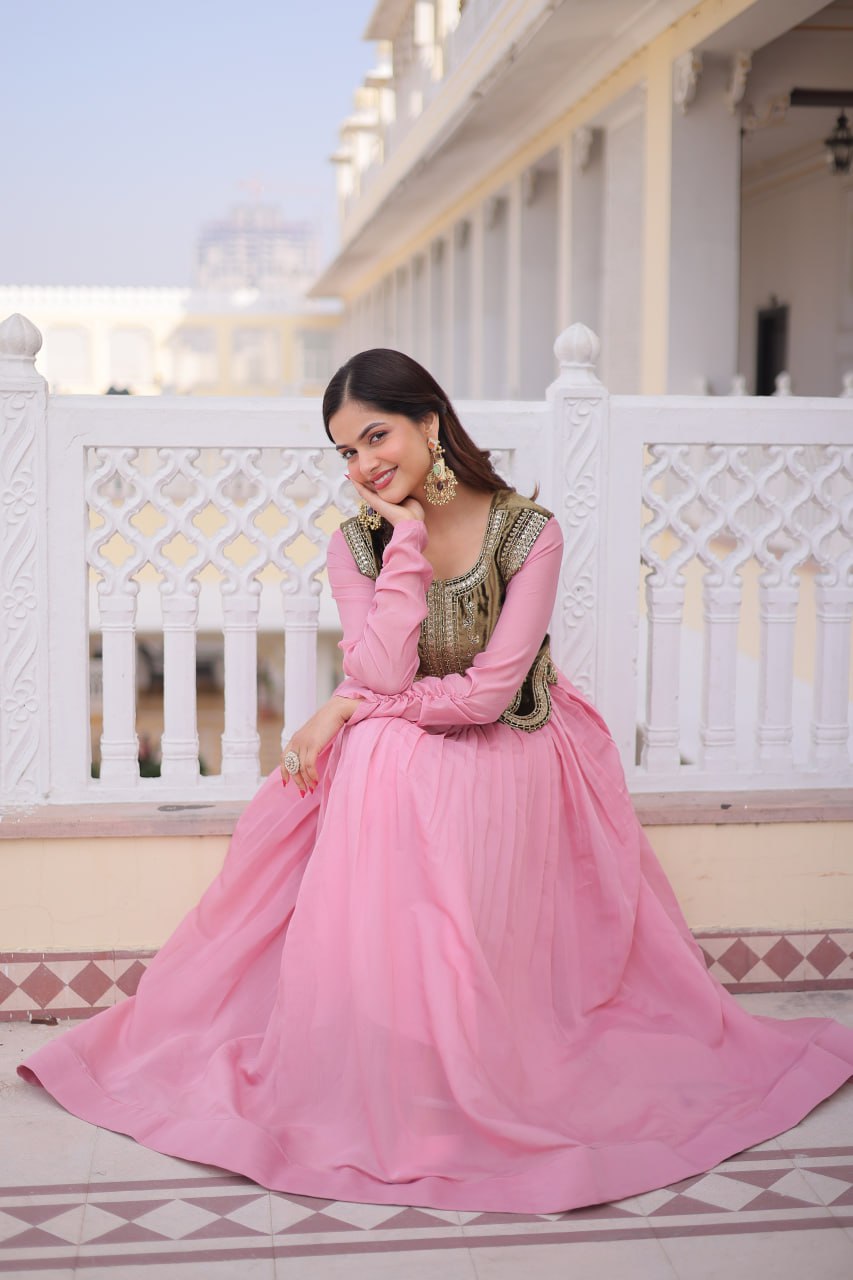 Premium Mal Chanderi Designer Gown with Embroidered Velvet Koti
