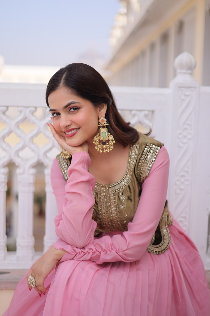 Premium Mal Chanderi Designer Gown with Embroidered Velvet Koti
