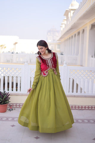 Premium Mal Chanderi Designer Gown with Embroidered Velvet Koti
