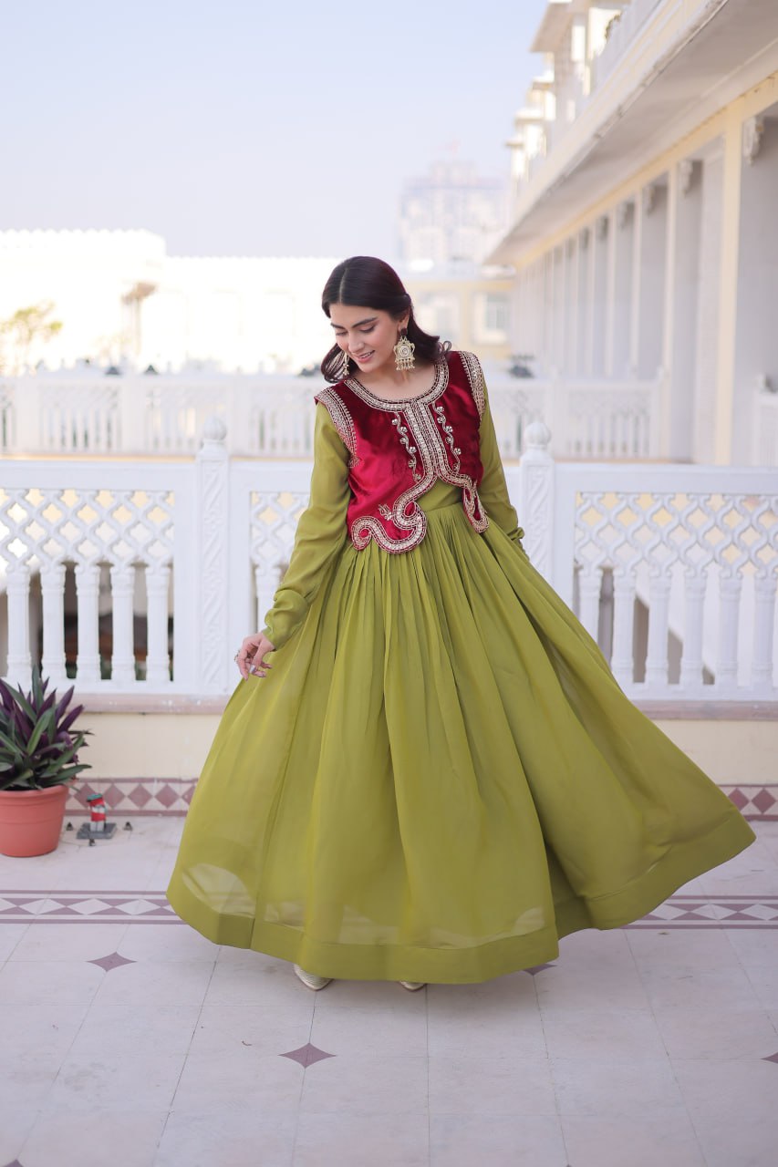 Premium Mal Chanderi Designer Gown with Embroidered Velvet Koti
