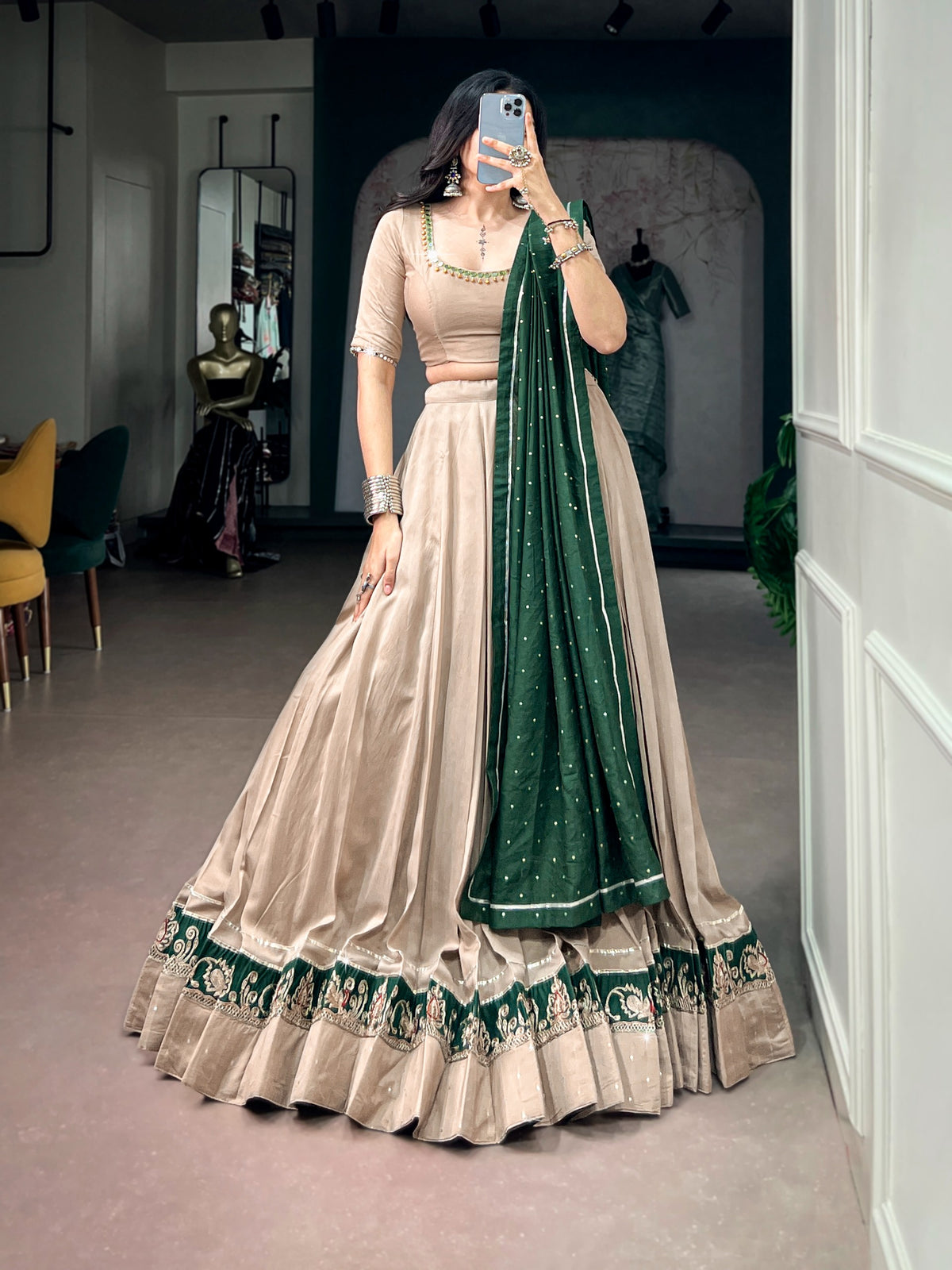 Beige Chanderi Gota Patti Lehenga Set | Tulip Designer
