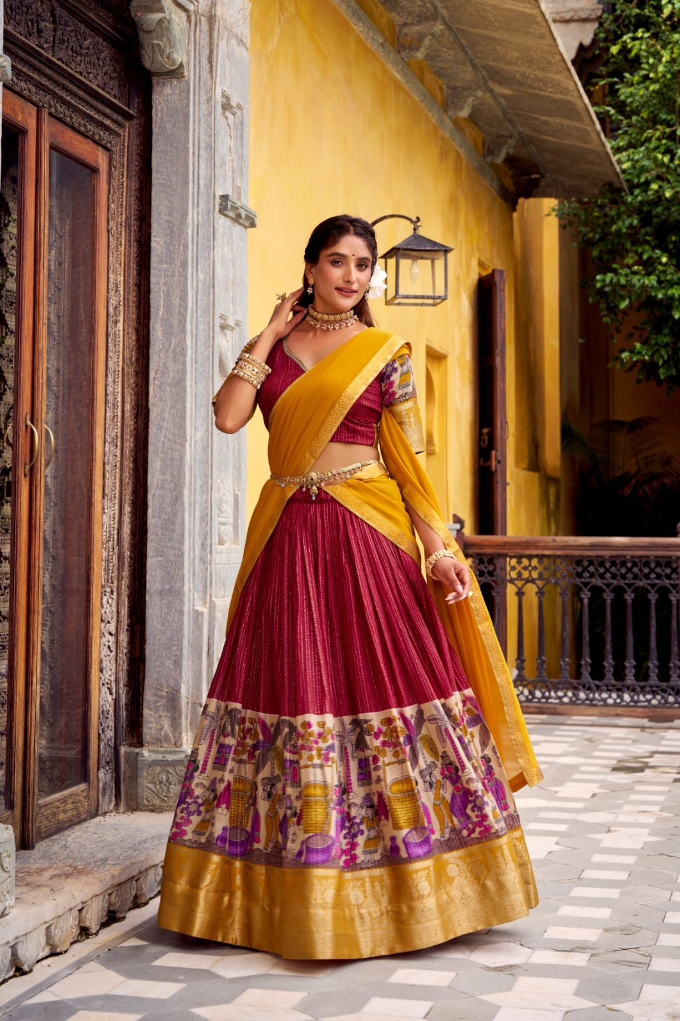 Poly Chanderi Kalamkari Printed Zari Weaving Work Premium Lehenga Choli