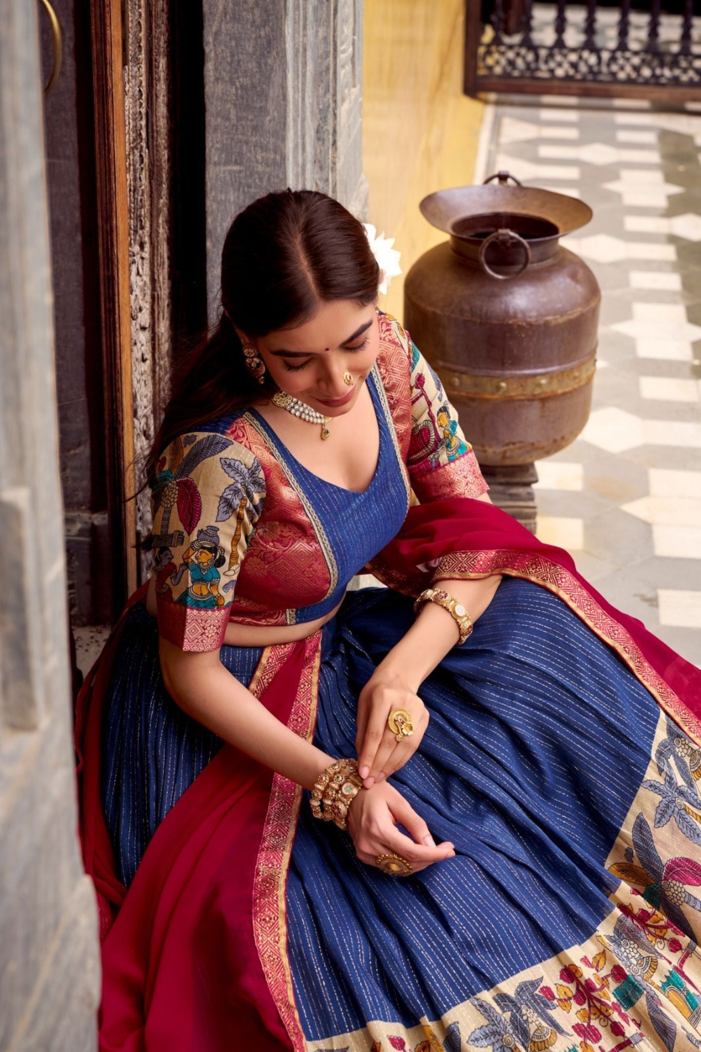 Poly Chanderi Kalamkari Printed Zari Weaving Work Premium Lehenga Choli