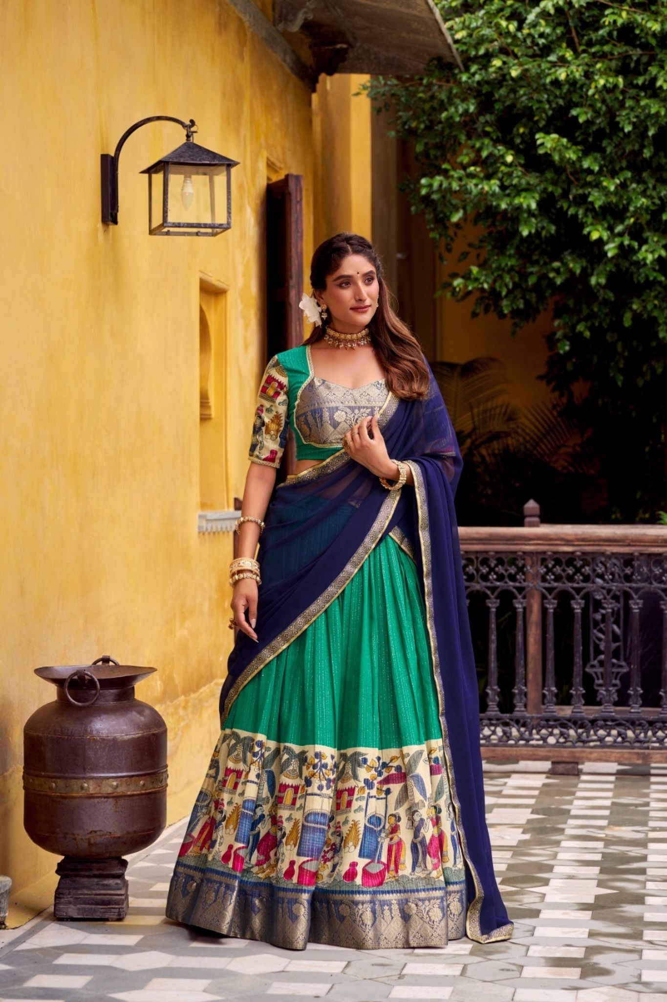 Poly Chanderi Kalamkari Printed Zari Weaving Work Premium Lehenga Choli
