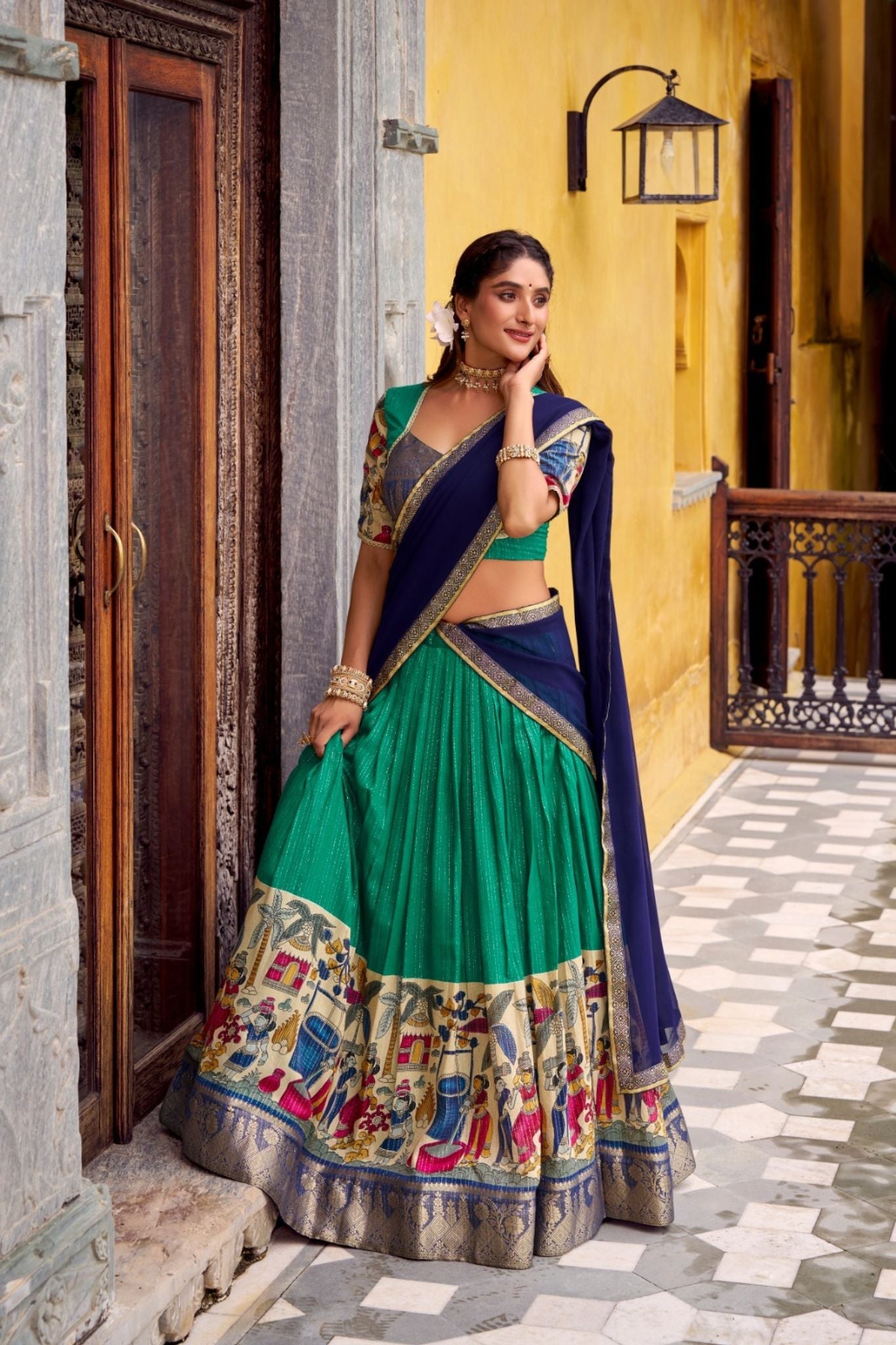 Poly Chanderi Kalamkari Printed Zari Weaving Work Premium Lehenga Choli