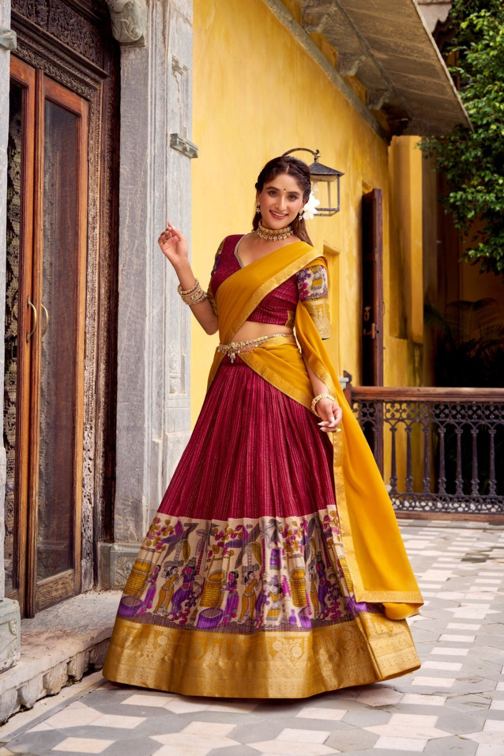 Poly Chanderi Kalamkari Printed Zari Weaving Work Premium Lehenga Choli