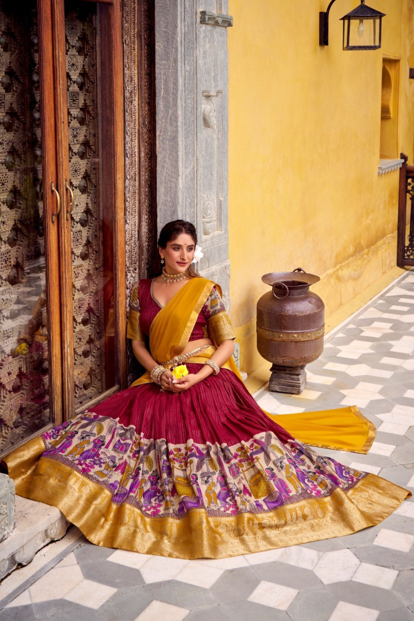 Poly Chanderi Kalamkari Printed Zari Weaving Work Premium Lehenga Choli