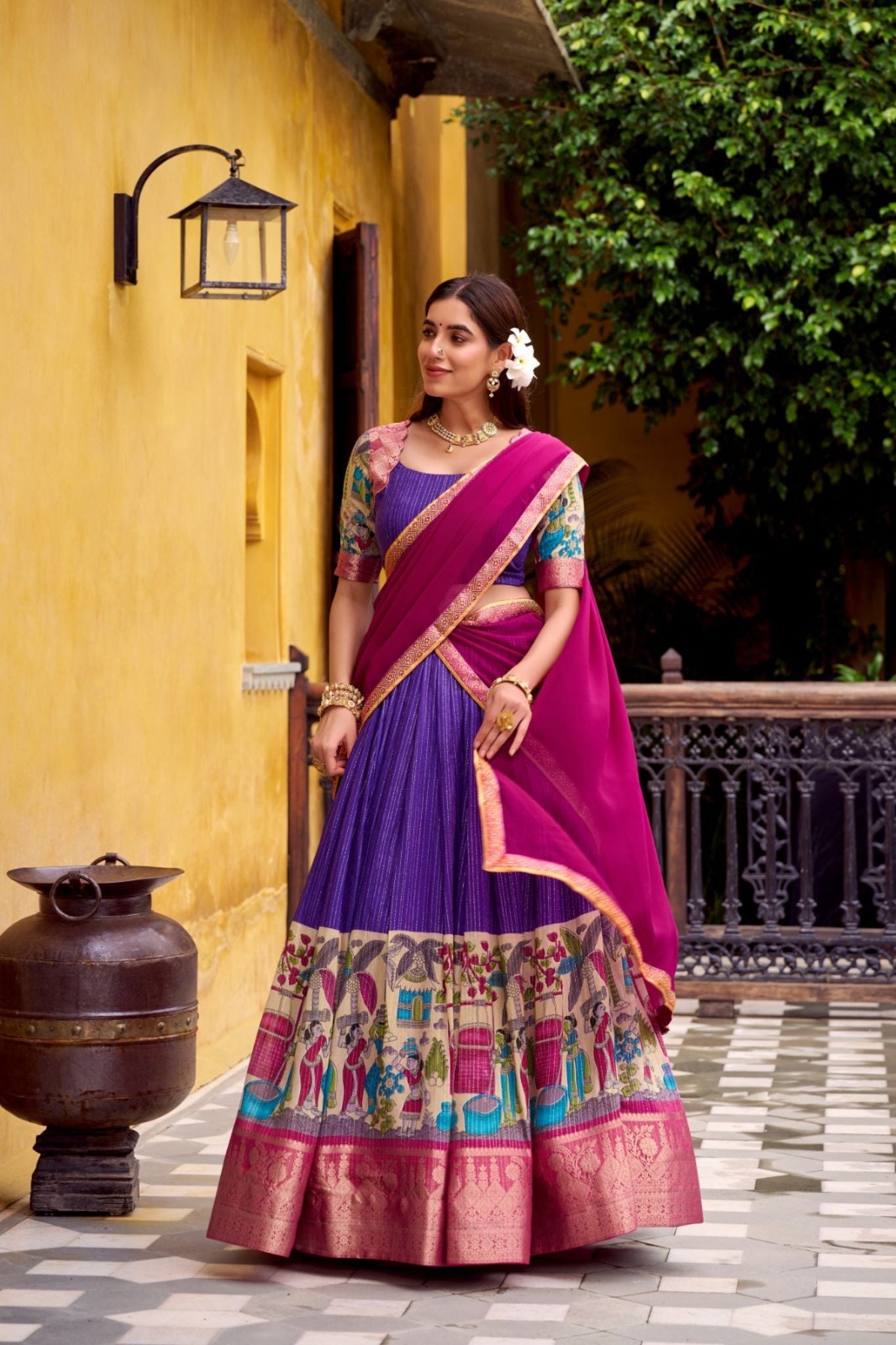Poly Chanderi Kalamkari Printed Zari Weaving Work Premium Lehenga Choli
