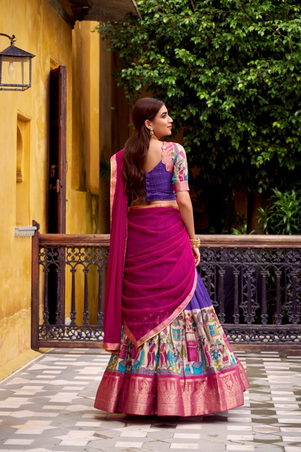 Poly Chanderi Kalamkari Printed Zari Weaving Work Premium Lehenga Choli
