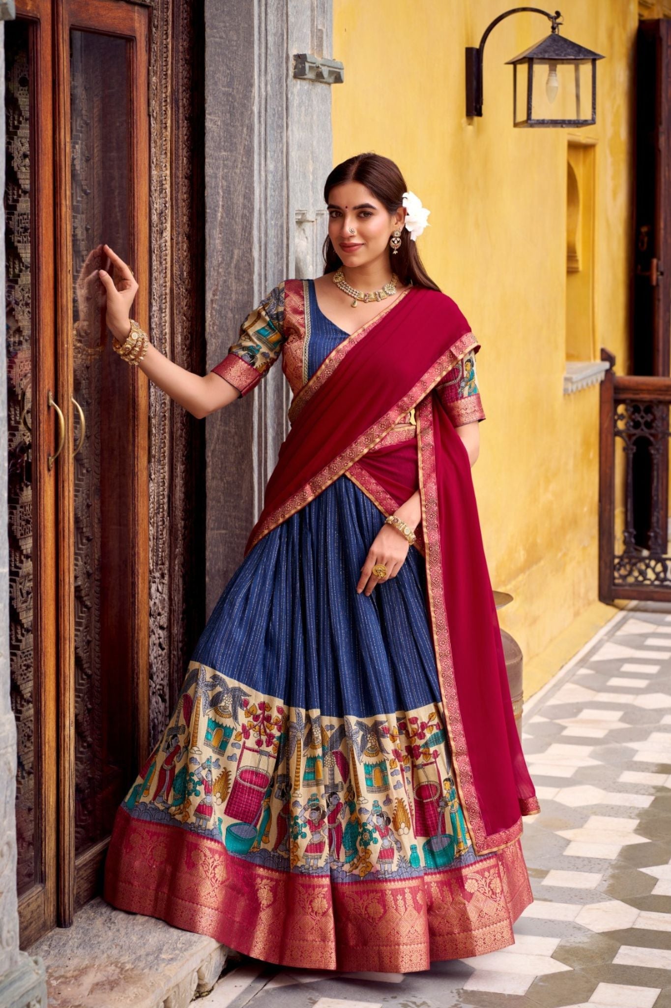 Poly Chanderi Kalamkari Printed Zari Weaving Work Premium Lehenga Choli