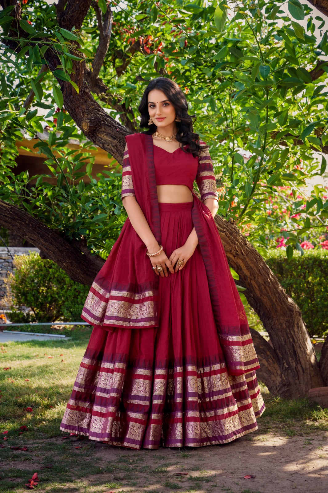 Pure Chanderi Zari Border Lehenga Choli with Dupatta
