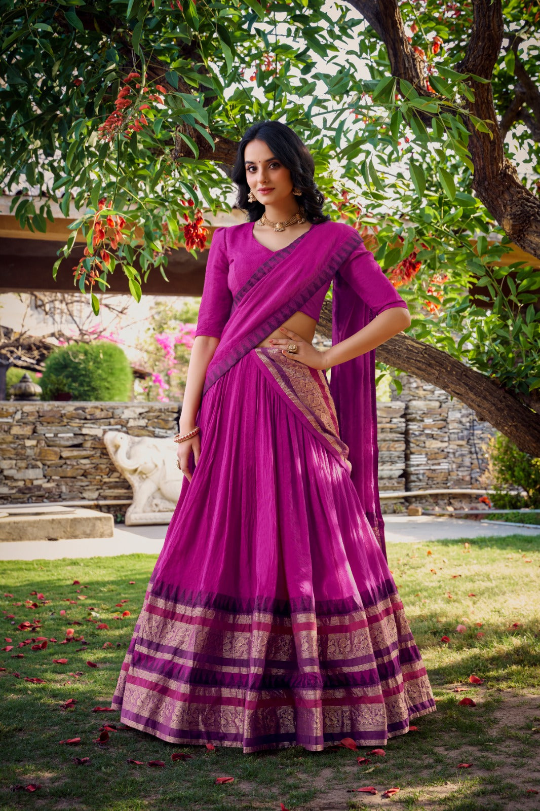 Pure Chanderi Zari Border Lehenga Choli with Dupatta
