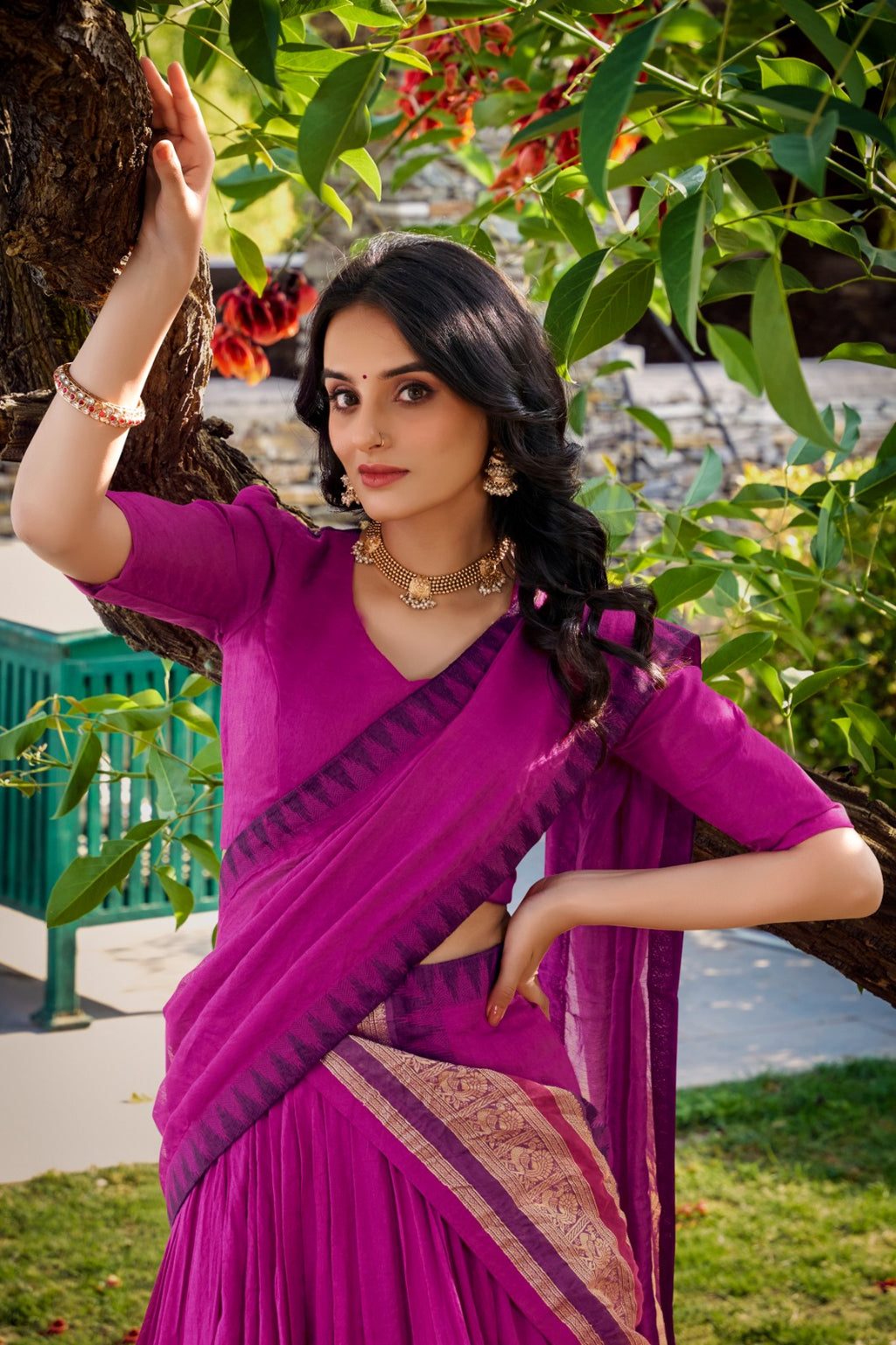 Pure Chanderi Zari Border Lehenga Choli with Dupatta
