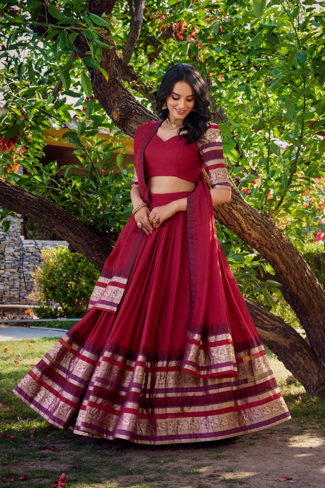 Pure Chanderi Zari Border Lehenga Choli with Dupatta
