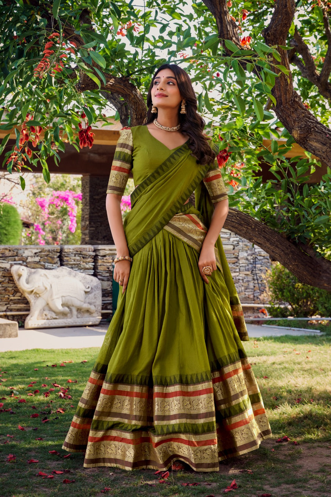 Pure Chanderi Zari Border Lehenga Choli with Dupatta
