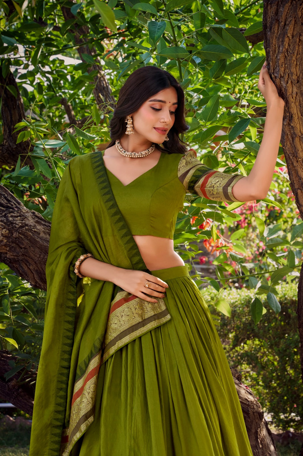 Pure Chanderi Zari Border Lehenga Choli with Dupatta
