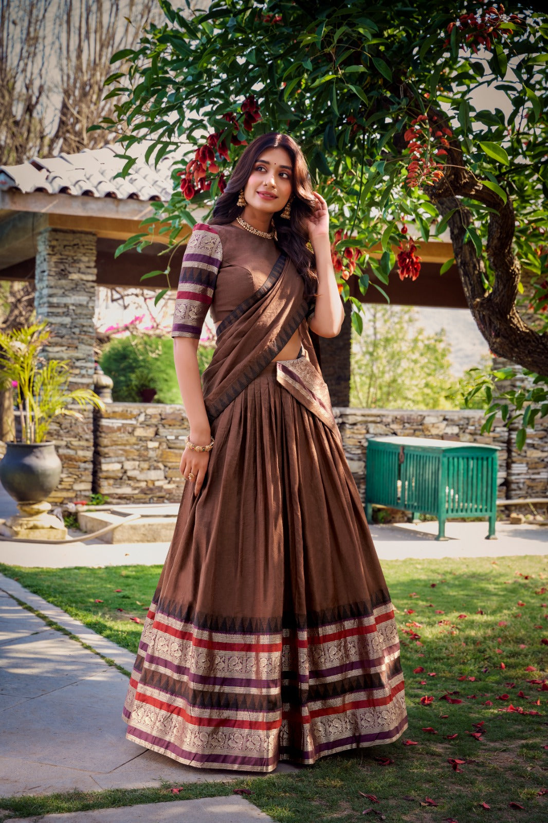 Pure Chanderi Zari Border Lehenga Choli with Dupatta
