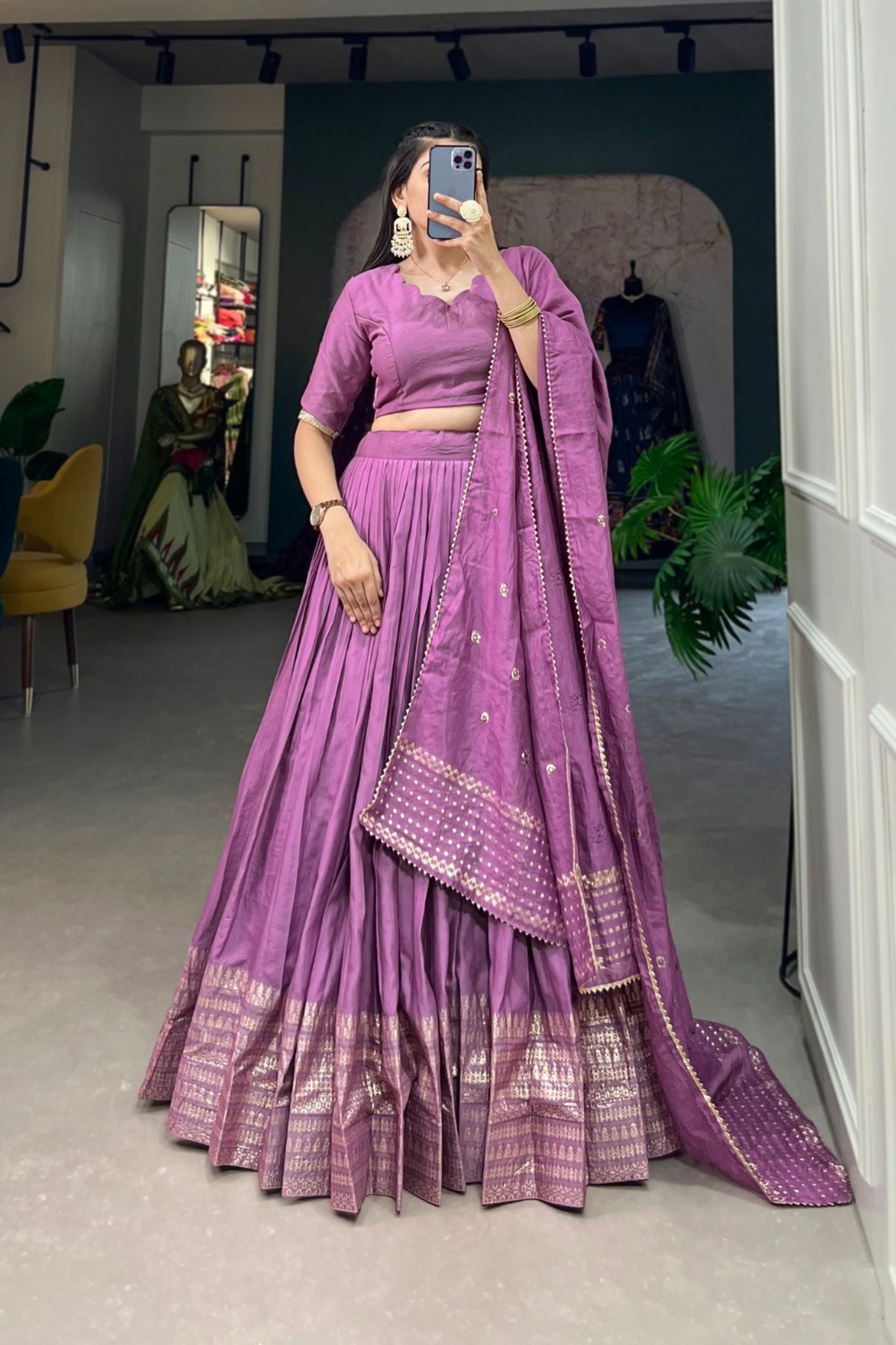 Pure Chanderi Plain With Zari Weaving Work Lehenga Choli