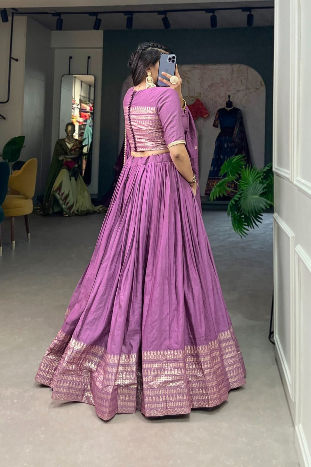 Pure Chanderi Plain With Zari Weaving Work Lehenga Choli