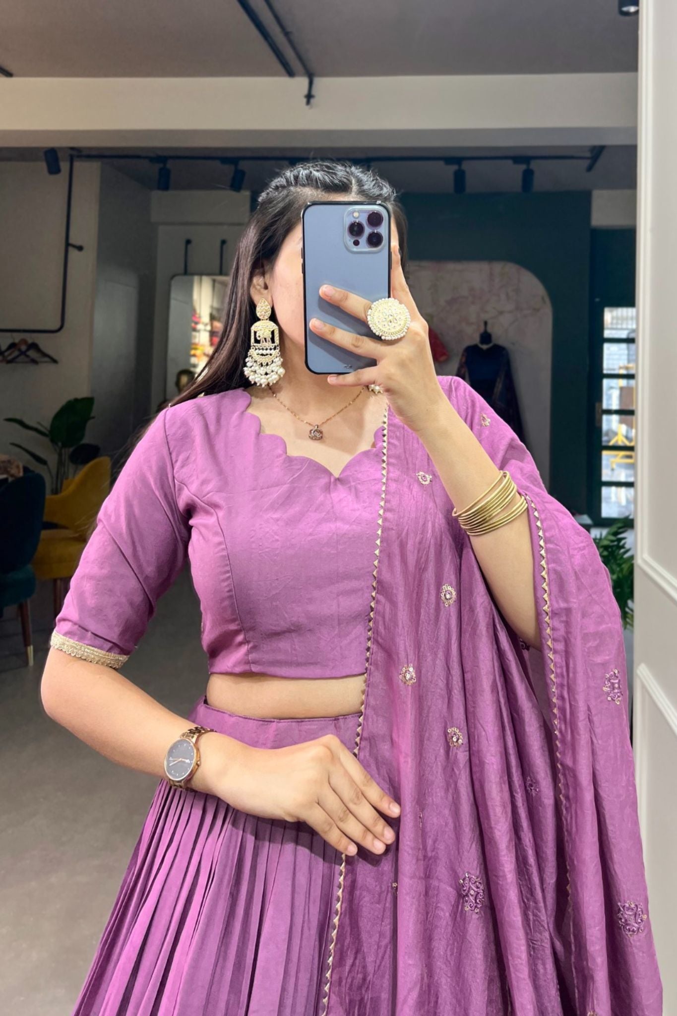 Pure Chanderi Plain With Zari Weaving Work Lehenga Choli