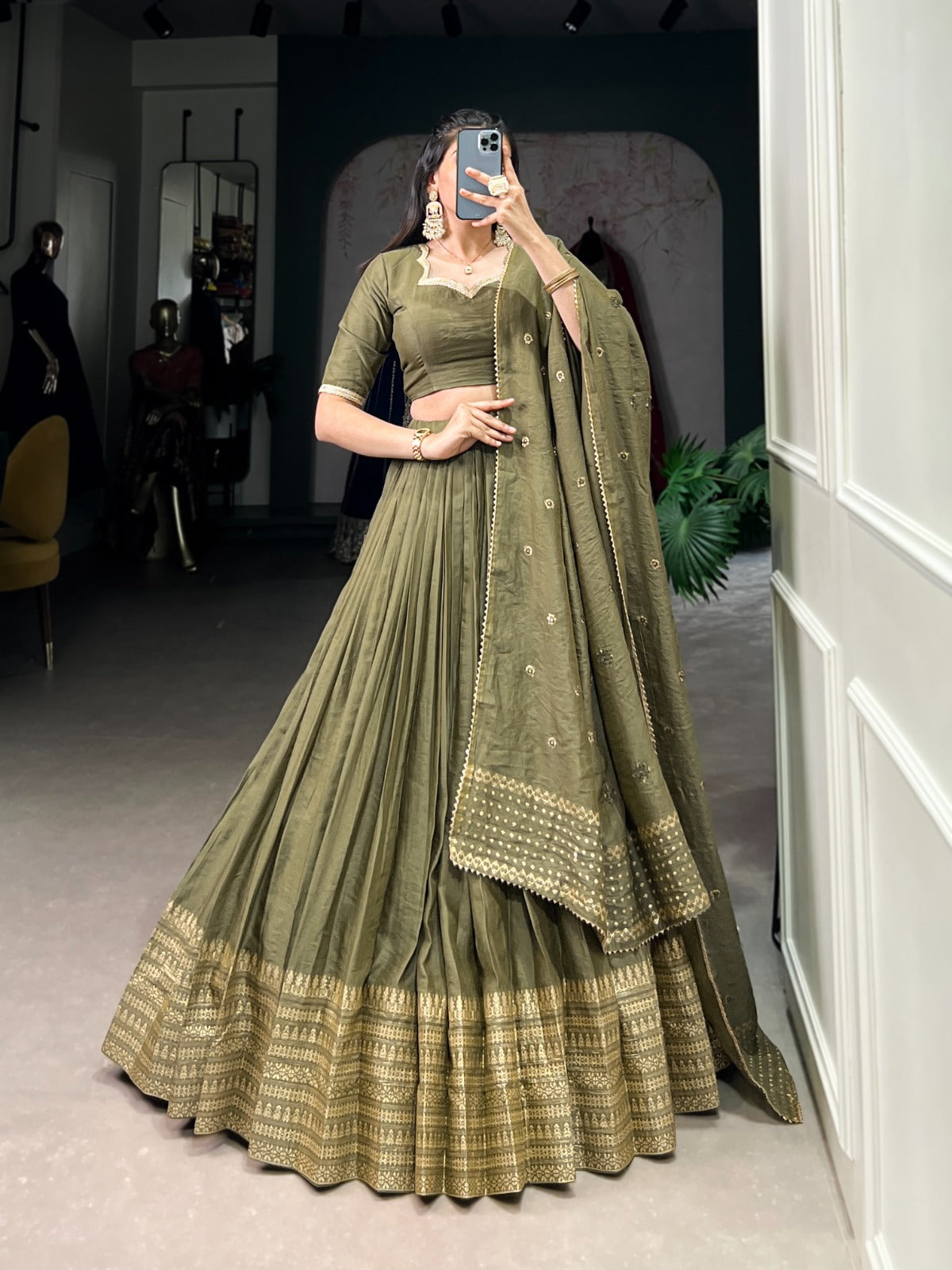 Pure Chanderi Plain With Zari Weaving Work Lehenga Choli
