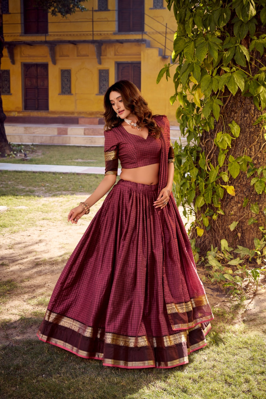 Elegant Chettinad Cotton With Zari Detailing Lehenga Set with Dupatta