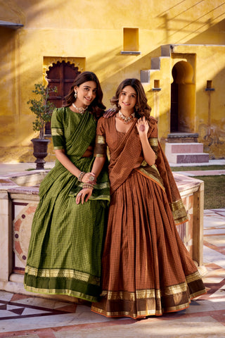 Elegant Chettinad Cotton With Zari Detailing Lehenga Set with Dupatta