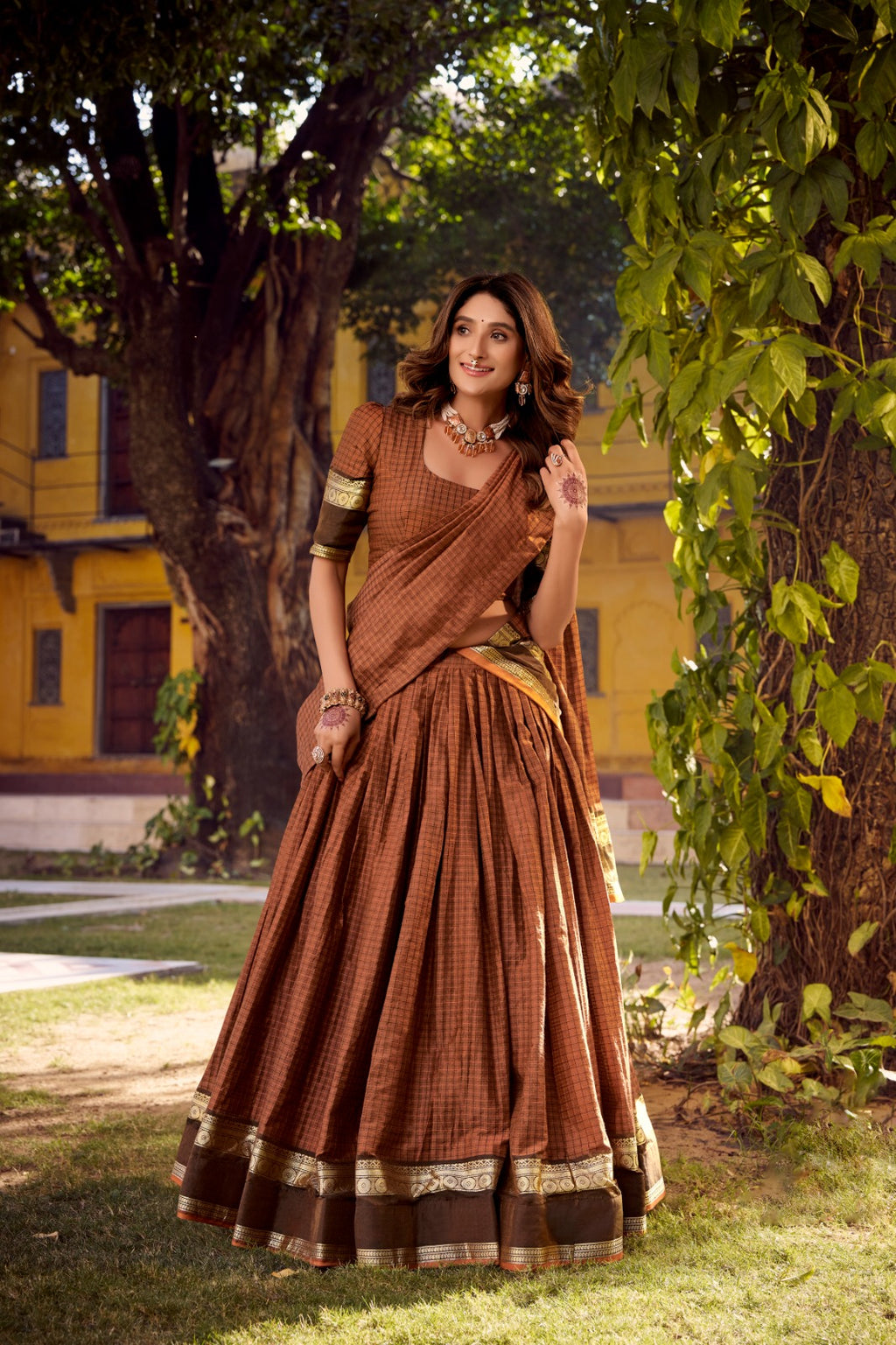 Elegant Chettinad Cotton With Zari Detailing Lehenga Set with Dupatta