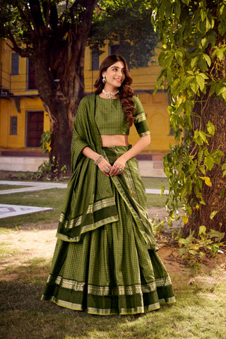 Elegant Chettinad Cotton With Zari Detailing Lehenga Set with Dupatta