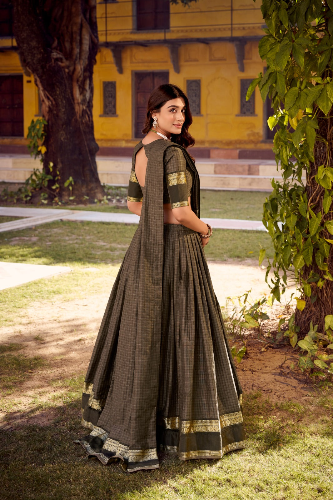 Elegant Chettinad Cotton With Zari Detailing Lehenga Set with Dupatta
