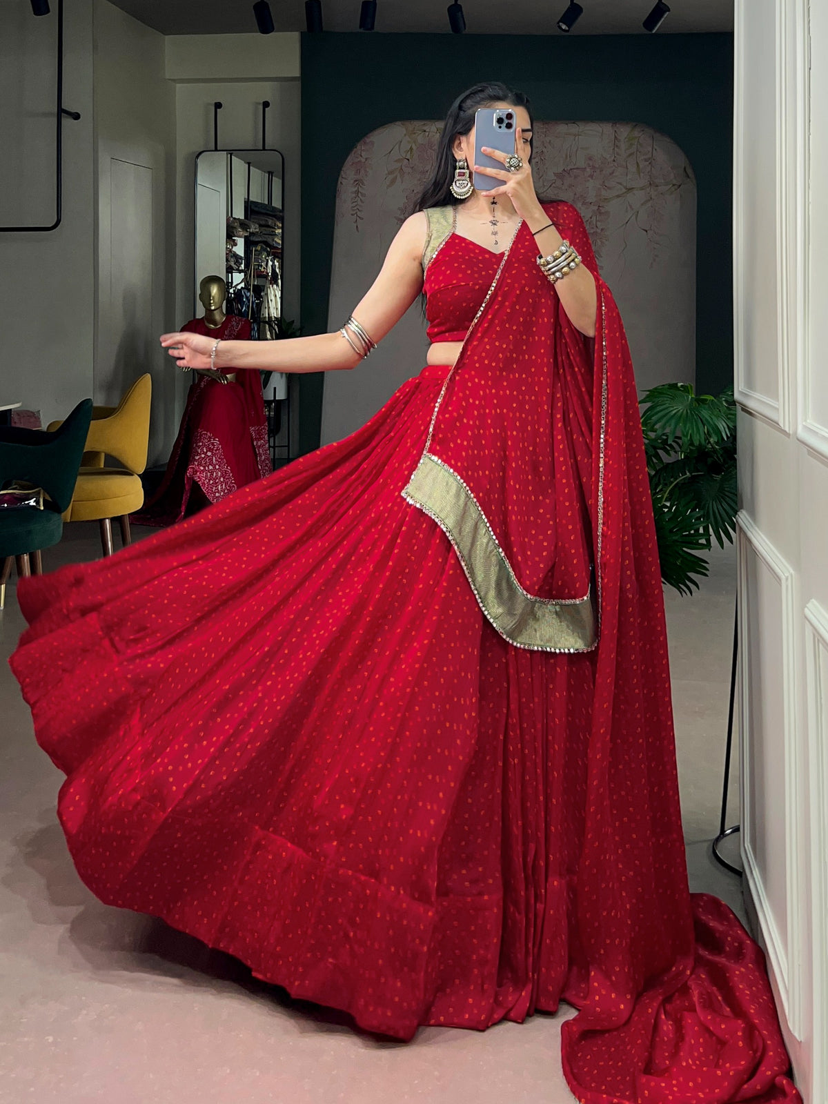 Red Chiffon Bandhej Zari Mirror Lehenga Set | Tulip Designer
