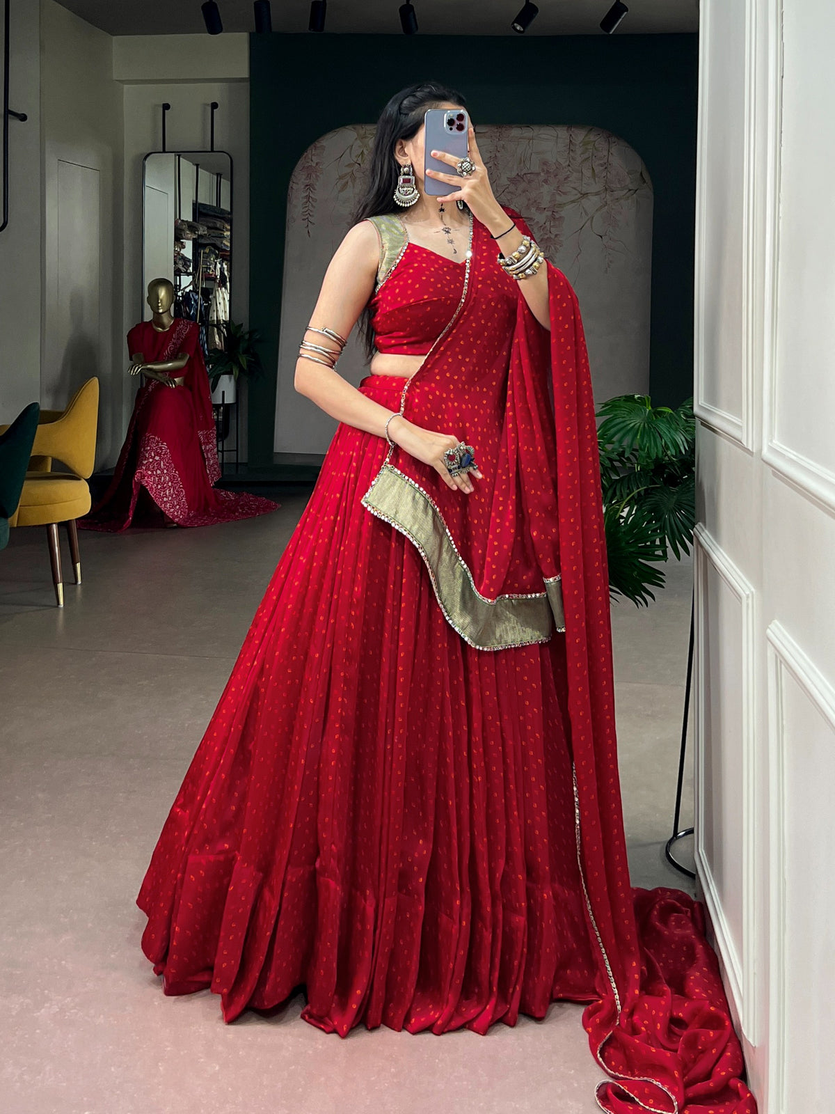 Red Chiffon Bandhej Zari Mirror Lehenga Set | Tulip Designer
