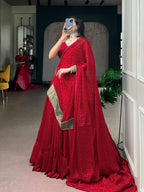 Red Chiffon Bandhej Zari Mirror Lehenga Set | Tulip Designer
