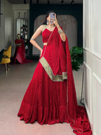 Red Chiffon Bandhej Zari Mirror Lehenga Set | Tulip Designer
