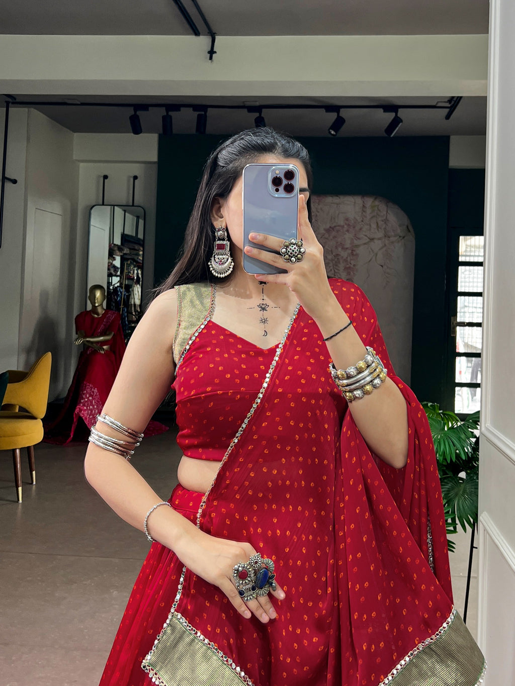 Red Chiffon Bandhej Zari Mirror Lehenga Set | Tulip Designer

