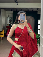 Red Chiffon Bandhej Zari Mirror Lehenga Set | Tulip Designer
