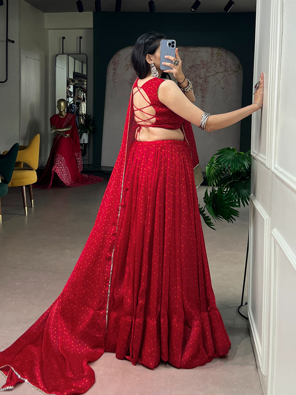 Red Chiffon Bandhej Zari Mirror Lehenga Set | Tulip Designer
