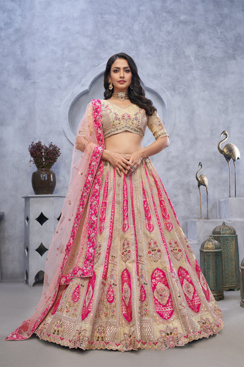 Chiku Banarasi Silk Embroidered Bridal Lehenga Set with Soft Net Dupatta
