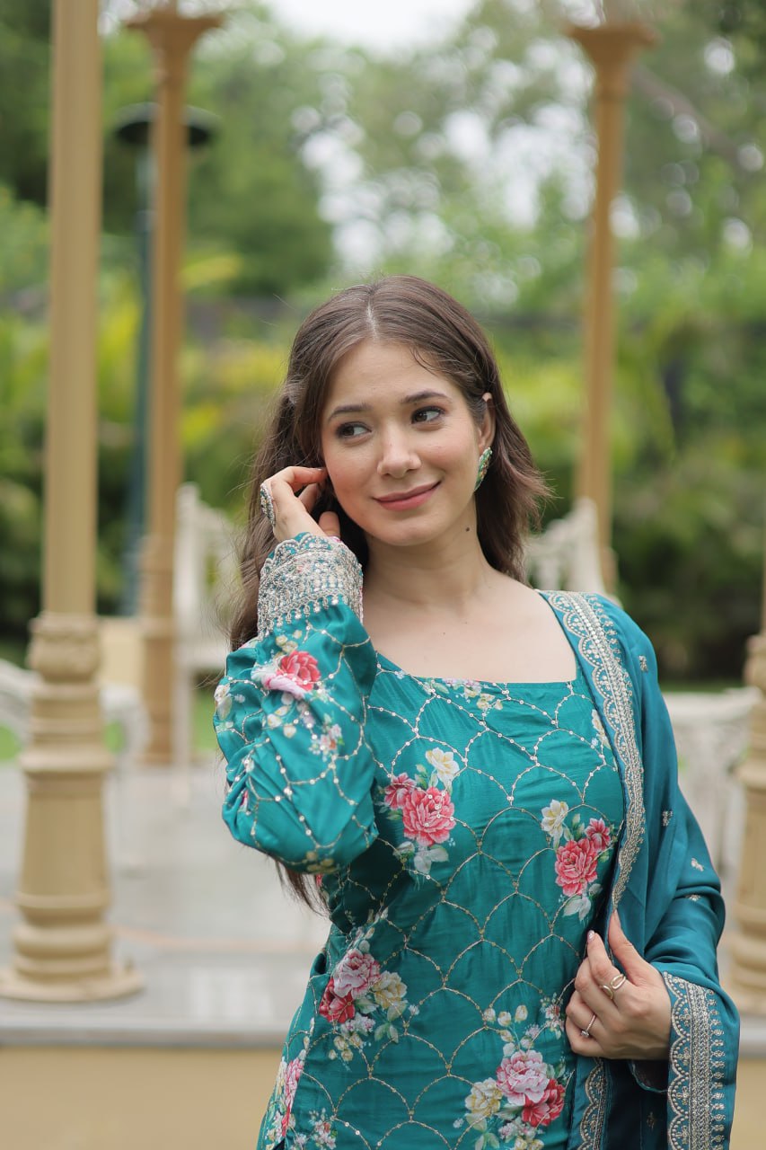 Designer Chinnon Printed With Embroidered Work Sharara Set
