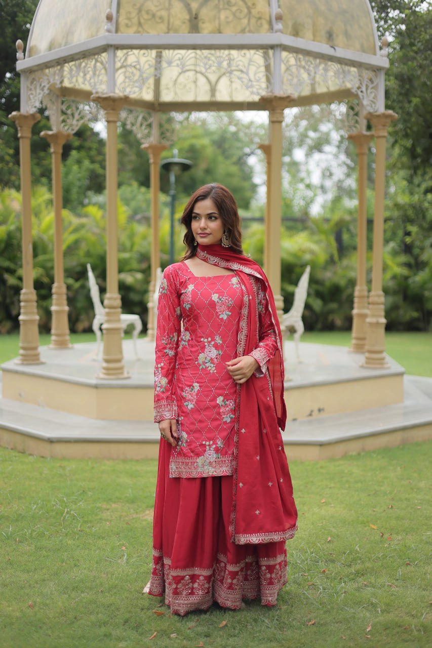 Designer Chinnon Printed With Embroidered Work Sharara Set
