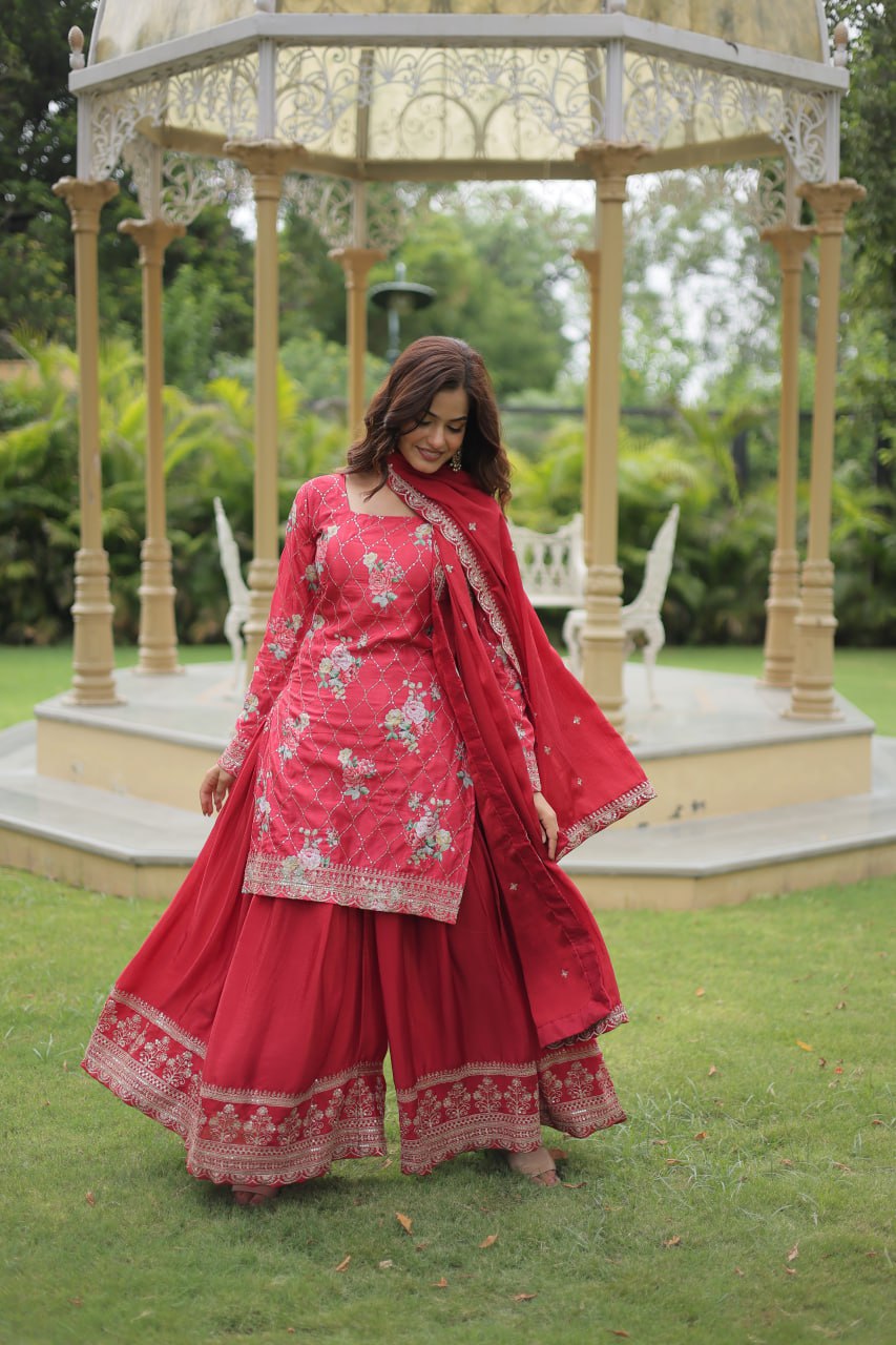 Designer Chinnon Printed With Embroidered Work Sharara Set
