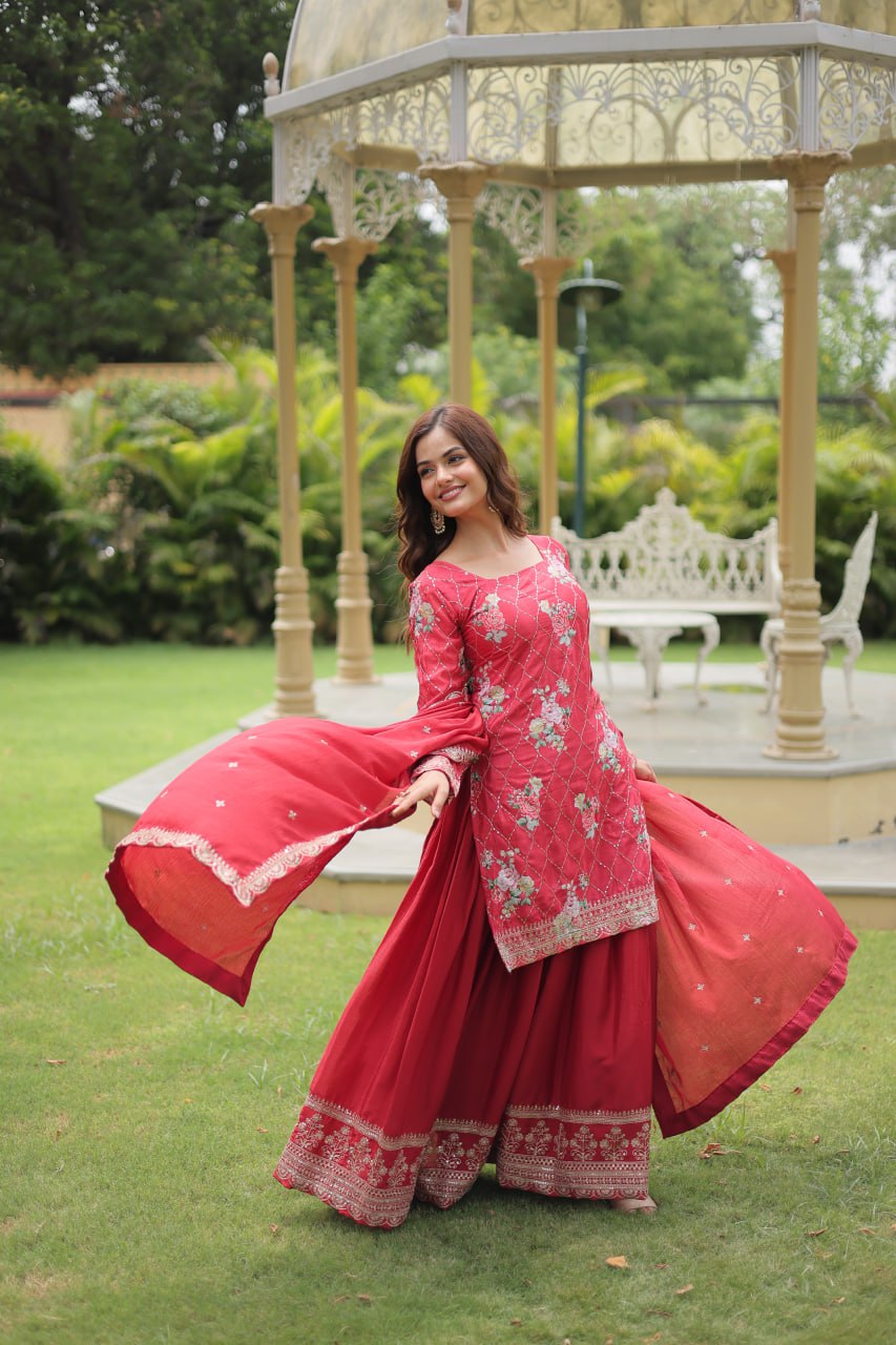 Designer Chinnon Printed With Embroidered Work Sharara Set
