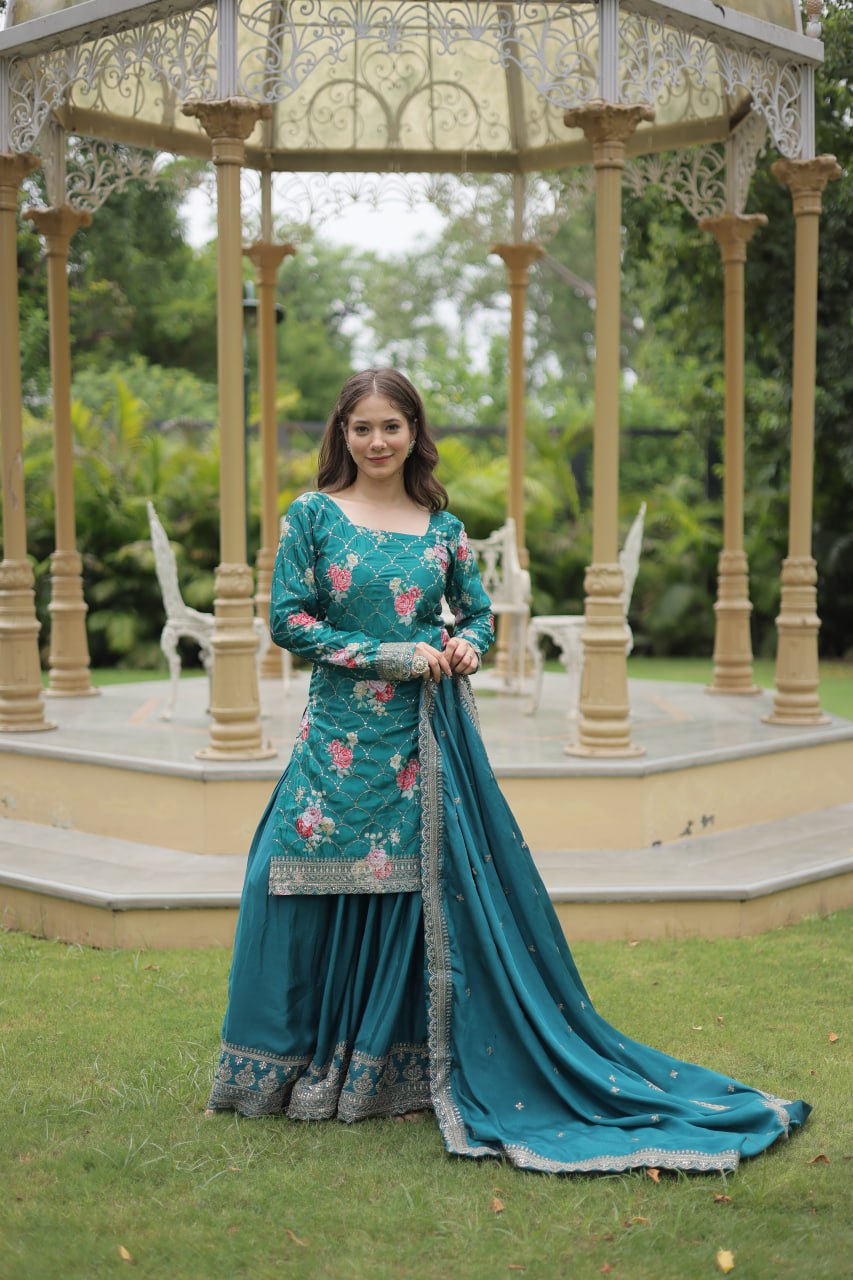 Designer Chinnon Printed With Embroidered Work Sharara Set
